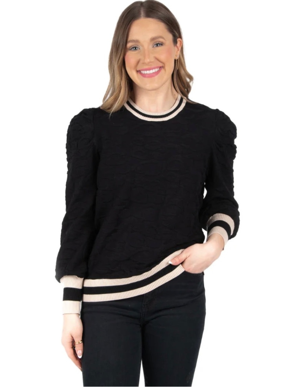 Emily McCarthy Julia Sweater Black Cheetah knit with beige trim XS